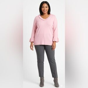 VTG DELTA BURKE long sleeved V-Neck light pink Sweater wth ruffle detail Size 2X